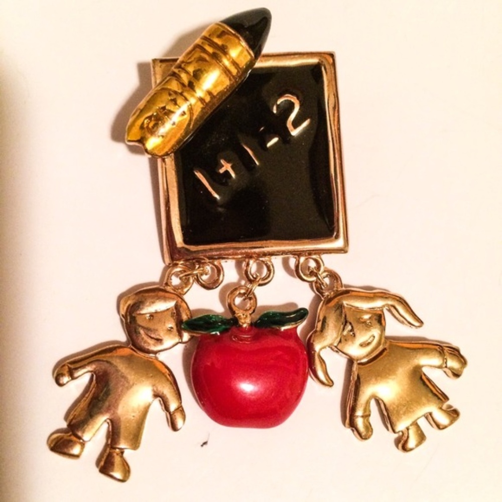Kids teacher chalkboard brooch pin apple boy girl